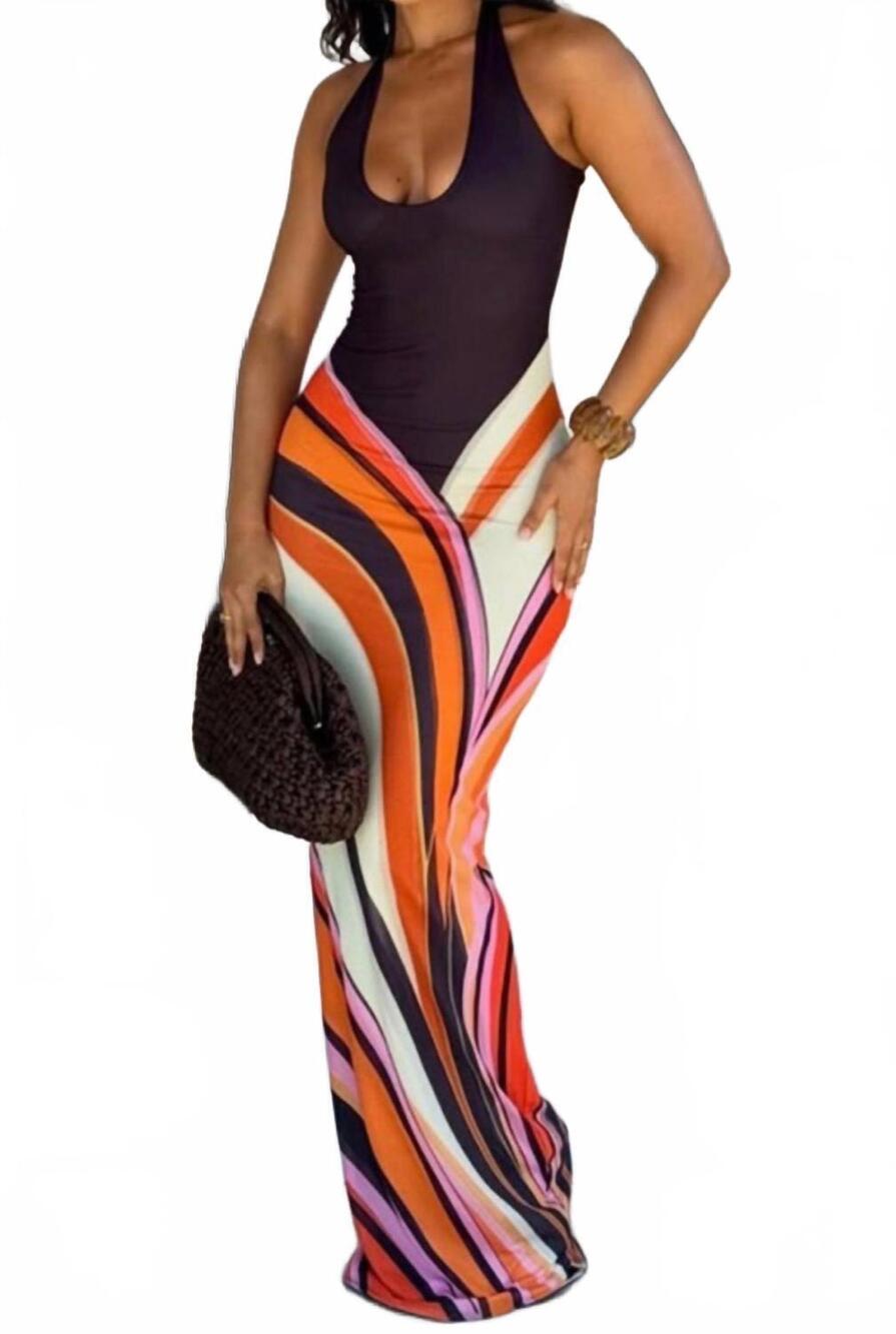 NEW PRIVY halter maxi dress in orange multi color